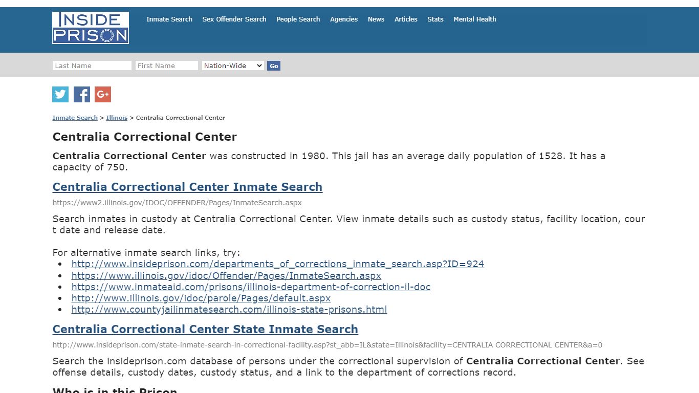 Centralia Correctional Center - Illinois - Inmate Search